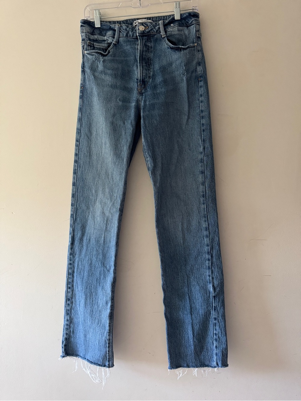 Zara High Rise Straight Leg Jeans Raw Hem